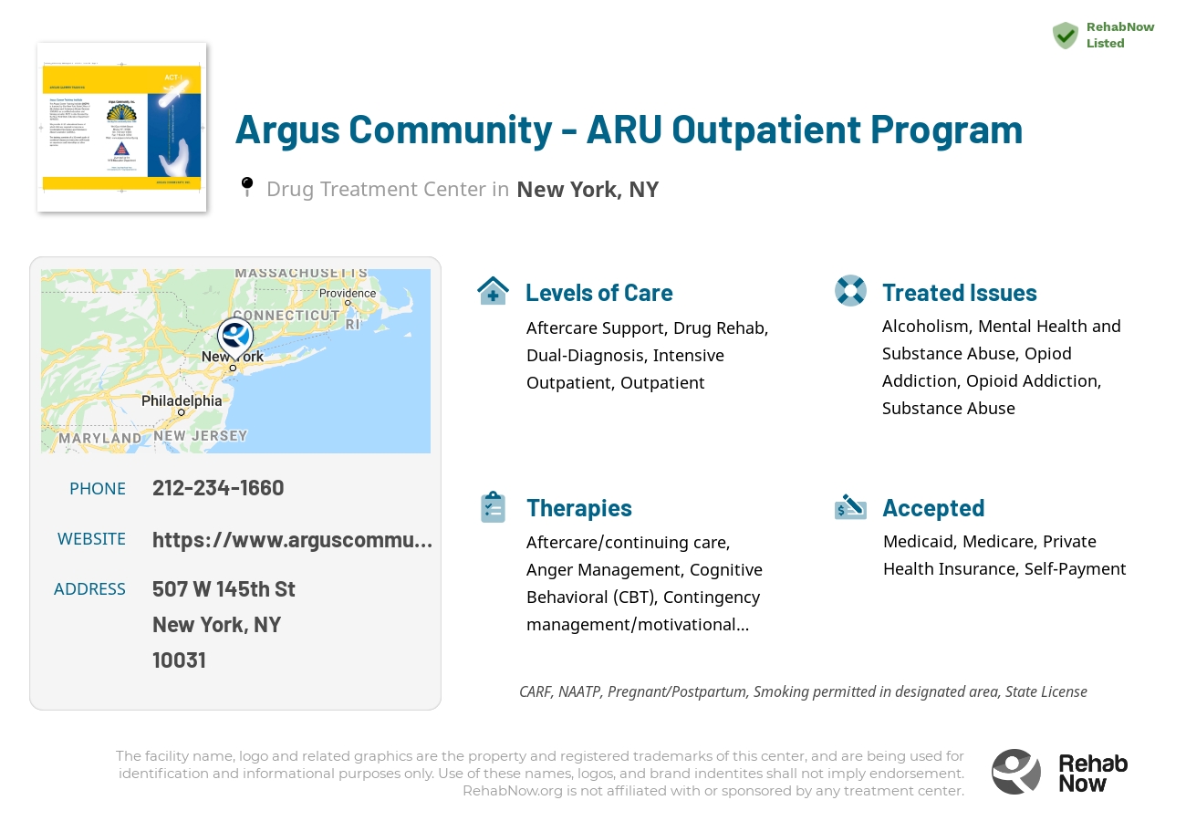 Helpful reference information for Argus Community - ARU Outpatient Program, a drug treatment center in New York located at: 507 W 145th St, New York, NY 10031, including phone numbers, official website, and more. Listed briefly is an overview of Levels of Care, Therapies Offered, Issues Treated, and accepted forms of Payment Methods.