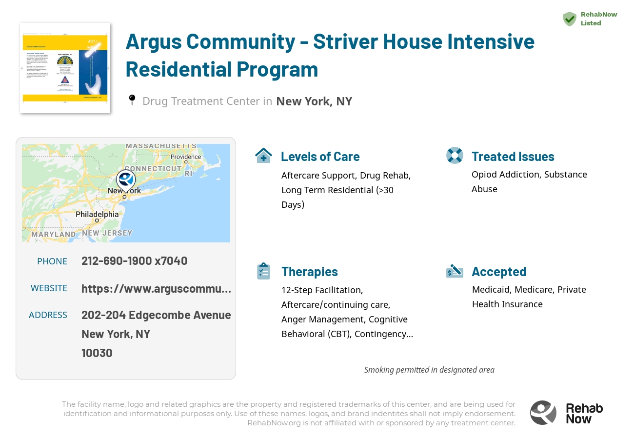 Helpful reference information for Argus Community - Striver House Intensive Residential Program, a drug treatment center in New York located at: 202-204 Edgecombe Avenue, New York, NY 10030, including phone numbers, official website, and more. Listed briefly is an overview of Levels of Care, Therapies Offered, Issues Treated, and accepted forms of Payment Methods.