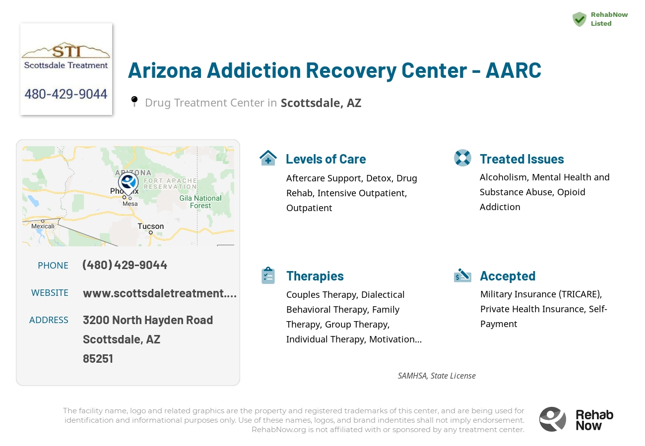 Helpful reference information for Arizona Addiction Recovery Center - AARC, a drug treatment center in Arizona located at: 3200 North Hayden Road, Scottsdale, AZ, 85251, including phone numbers, official website, and more. Listed briefly is an overview of Levels of Care, Therapies Offered, Issues Treated, and accepted forms of Payment Methods.