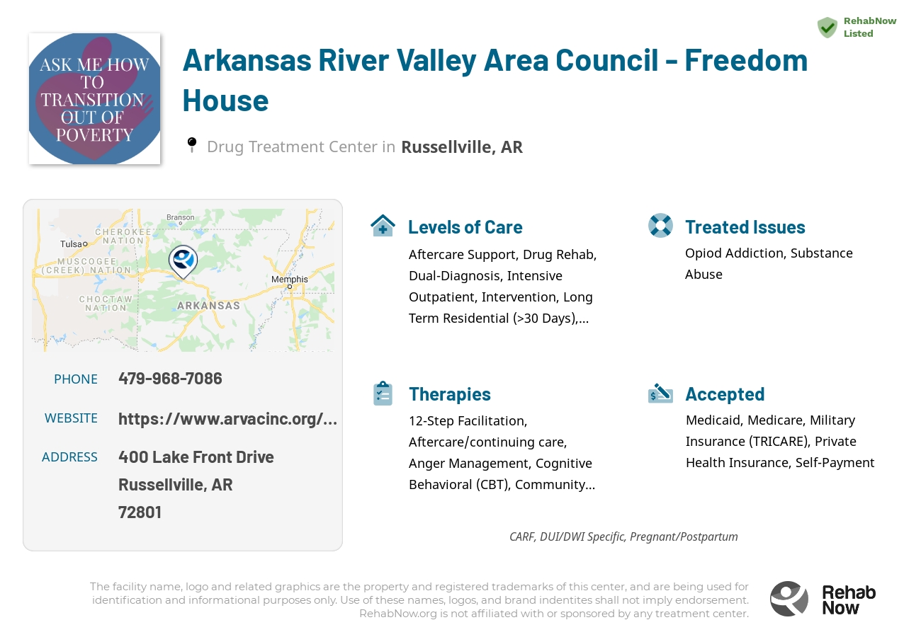 Helpful reference information for Arkansas River Valley Area Council - Freedom House, a drug treatment center in Arkansas located at: 400 Lake Front Drive, Russellville, AR 72801, including phone numbers, official website, and more. Listed briefly is an overview of Levels of Care, Therapies Offered, Issues Treated, and accepted forms of Payment Methods.