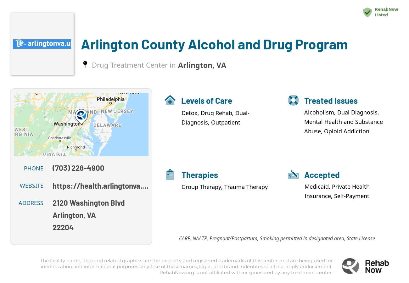 Helpful reference information for Arlington County Alcohol and Drug Program, a drug treatment center in Virginia located at: 2120 Washington Blvd, Arlington, VA 22204, including phone numbers, official website, and more. Listed briefly is an overview of Levels of Care, Therapies Offered, Issues Treated, and accepted forms of Payment Methods.
