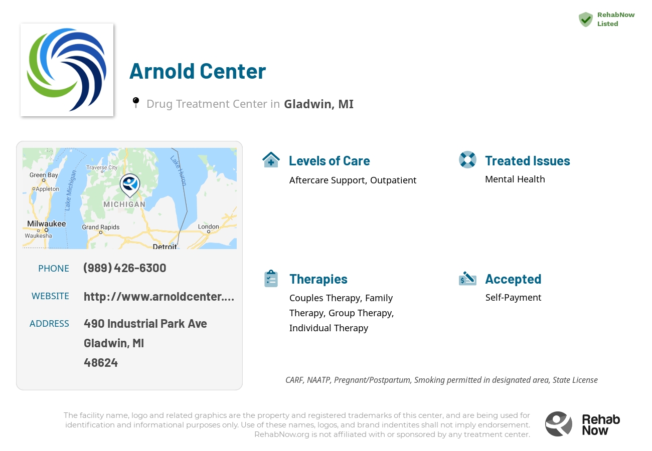 Helpful reference information for Arnold Center, a drug treatment center in Michigan located at: 490 Industrial Park Ave, Gladwin, MI 48624, including phone numbers, official website, and more. Listed briefly is an overview of Levels of Care, Therapies Offered, Issues Treated, and accepted forms of Payment Methods.
