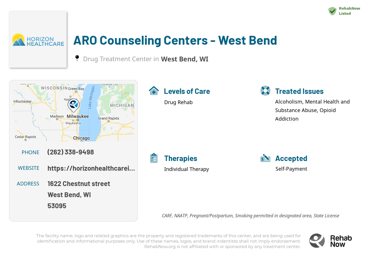 Helpful reference information for ARO Counseling Centers - West Bend, a drug treatment center in Wisconsin located at: 1622 Chestnut street, West Bend, WI, 53095, including phone numbers, official website, and more. Listed briefly is an overview of Levels of Care, Therapies Offered, Issues Treated, and accepted forms of Payment Methods.