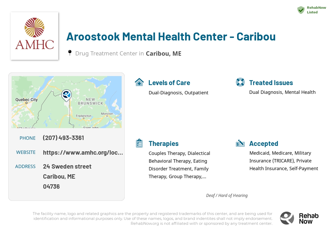 Helpful reference information for Aroostook Mental Health Center - Caribou, a drug treatment center in Maine located at: 24 Sweden street, Caribou, ME, 04736, including phone numbers, official website, and more. Listed briefly is an overview of Levels of Care, Therapies Offered, Issues Treated, and accepted forms of Payment Methods.
