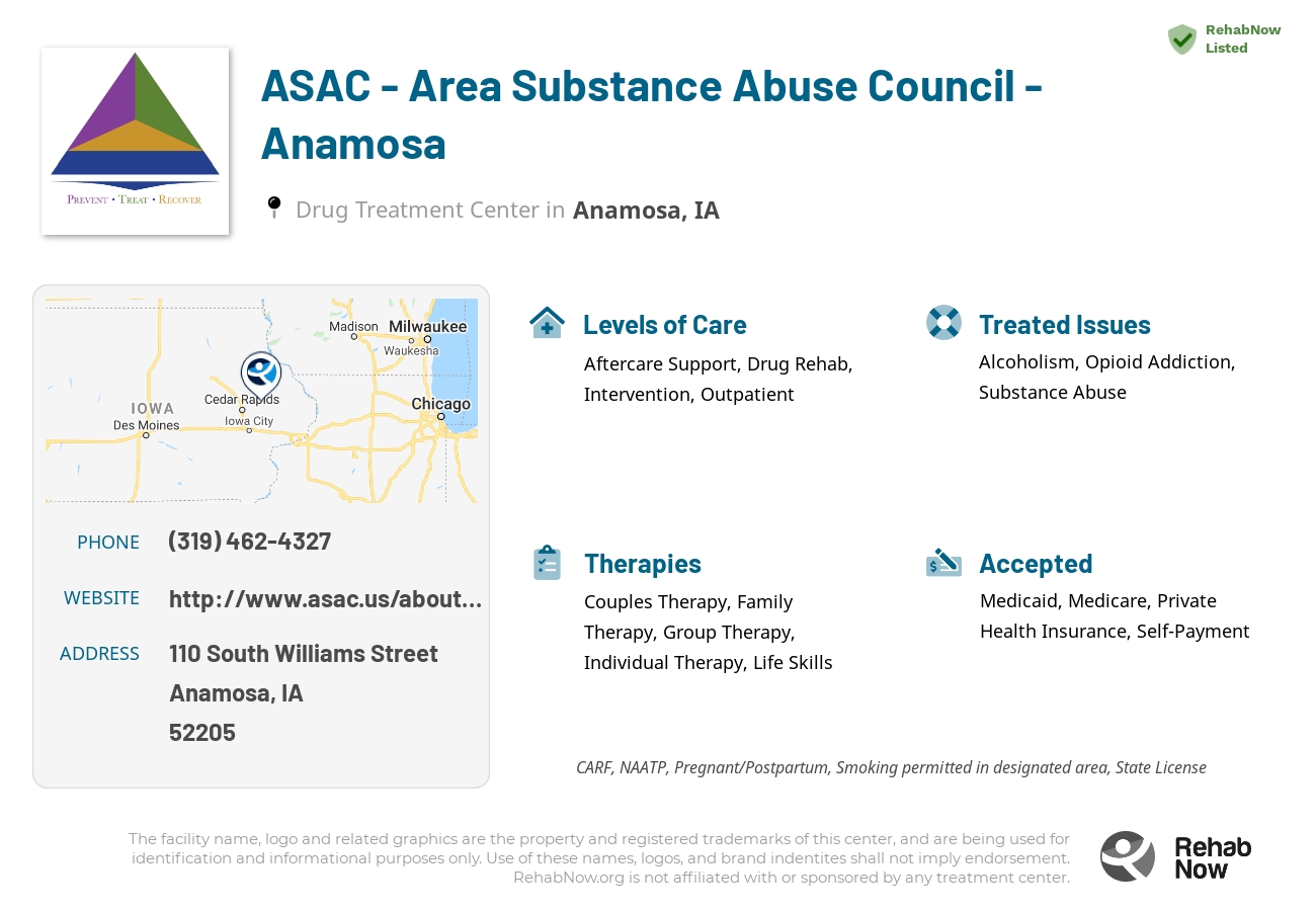 Helpful reference information for ASAC - Area Substance Abuse Council - Anamosa, a drug treatment center in Iowa located at: 110 South Williams Street, Anamosa, IA, 52205, including phone numbers, official website, and more. Listed briefly is an overview of Levels of Care, Therapies Offered, Issues Treated, and accepted forms of Payment Methods.