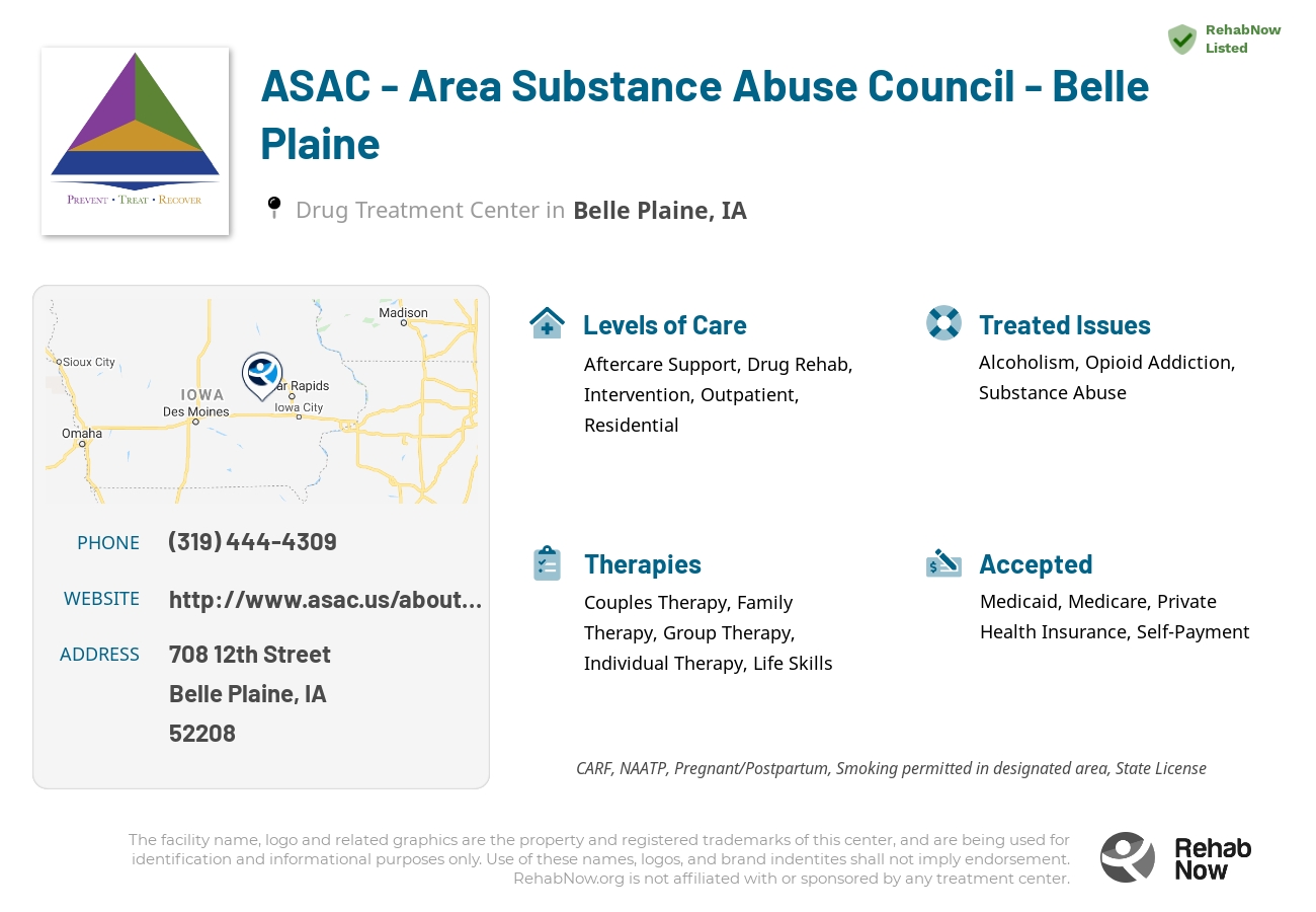 Helpful reference information for ASAC - Area Substance Abuse Council - Belle Plaine, a drug treatment center in Iowa located at: 708 12th Street, Belle Plaine, IA, 52208, including phone numbers, official website, and more. Listed briefly is an overview of Levels of Care, Therapies Offered, Issues Treated, and accepted forms of Payment Methods.
