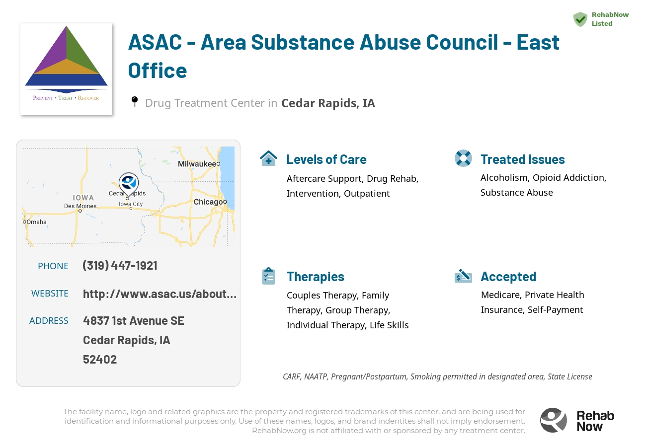 Helpful reference information for ASAC - Area Substance Abuse Council - East Office, a drug treatment center in Iowa located at: 4837 1st Avenue SE, Cedar Rapids, IA, 52402, including phone numbers, official website, and more. Listed briefly is an overview of Levels of Care, Therapies Offered, Issues Treated, and accepted forms of Payment Methods.