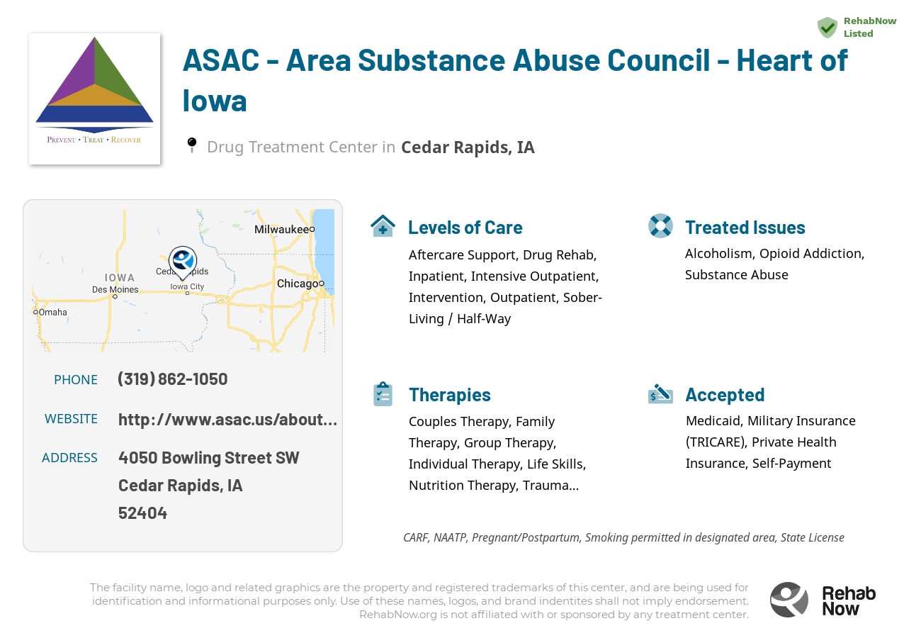 Helpful reference information for ASAC - Area Substance Abuse Council - Heart of Iowa, a drug treatment center in Iowa located at: 4050 Bowling Street SW, Cedar Rapids, IA, 52404, including phone numbers, official website, and more. Listed briefly is an overview of Levels of Care, Therapies Offered, Issues Treated, and accepted forms of Payment Methods.