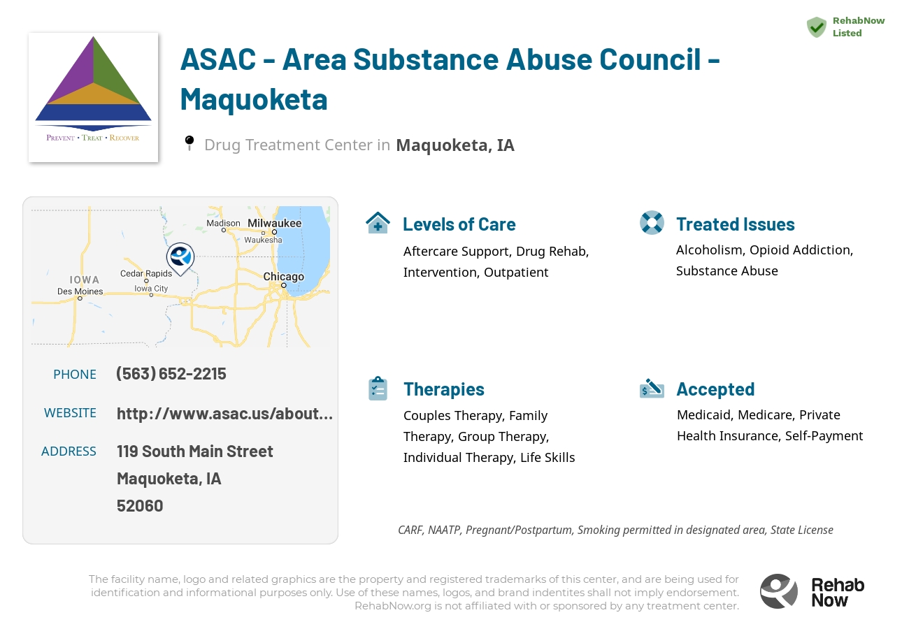 Helpful reference information for ASAC - Area Substance Abuse Council - Maquoketa, a drug treatment center in Iowa located at: 119 South Main Street, Maquoketa, IA, 52060, including phone numbers, official website, and more. Listed briefly is an overview of Levels of Care, Therapies Offered, Issues Treated, and accepted forms of Payment Methods.