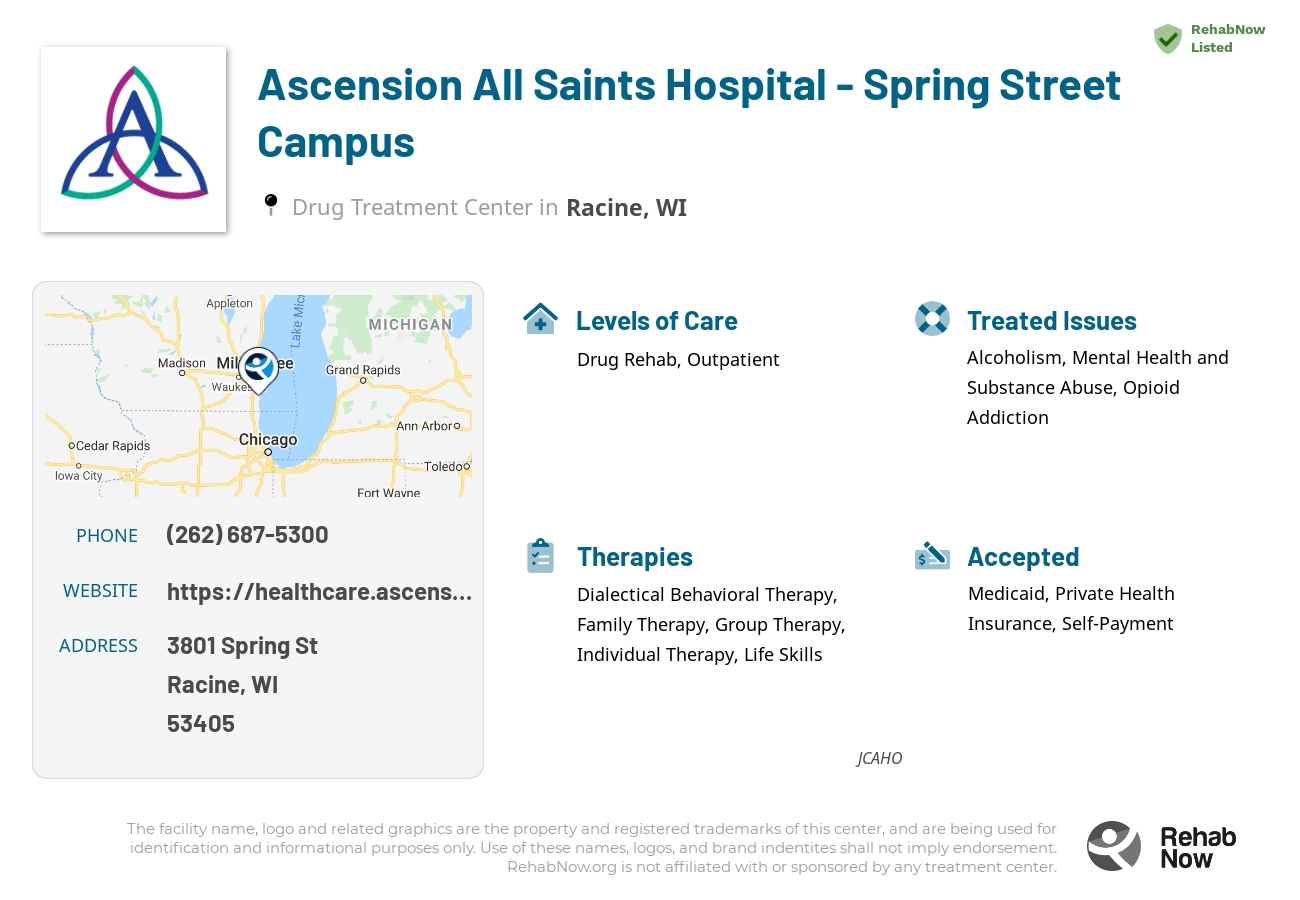 Helpful reference information for Ascension All Saints Hospital - Spring Street Campus, a drug treatment center in Wisconsin located at: 3801 Spring St, Racine, WI 53405, including phone numbers, official website, and more. Listed briefly is an overview of Levels of Care, Therapies Offered, Issues Treated, and accepted forms of Payment Methods.