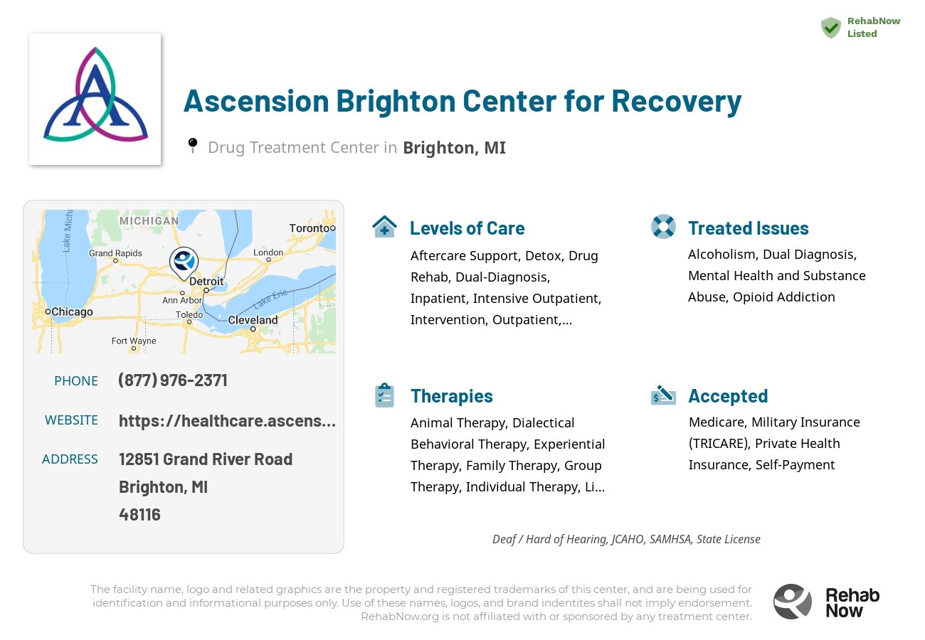 Helpful reference information for Ascension Brighton Center for Recovery, a drug treatment center in Michigan located at: 12851 Grand River Road, Brighton, MI 48116, including phone numbers, official website, and more. Listed briefly is an overview of Levels of Care, Therapies Offered, Issues Treated, and accepted forms of Payment Methods.