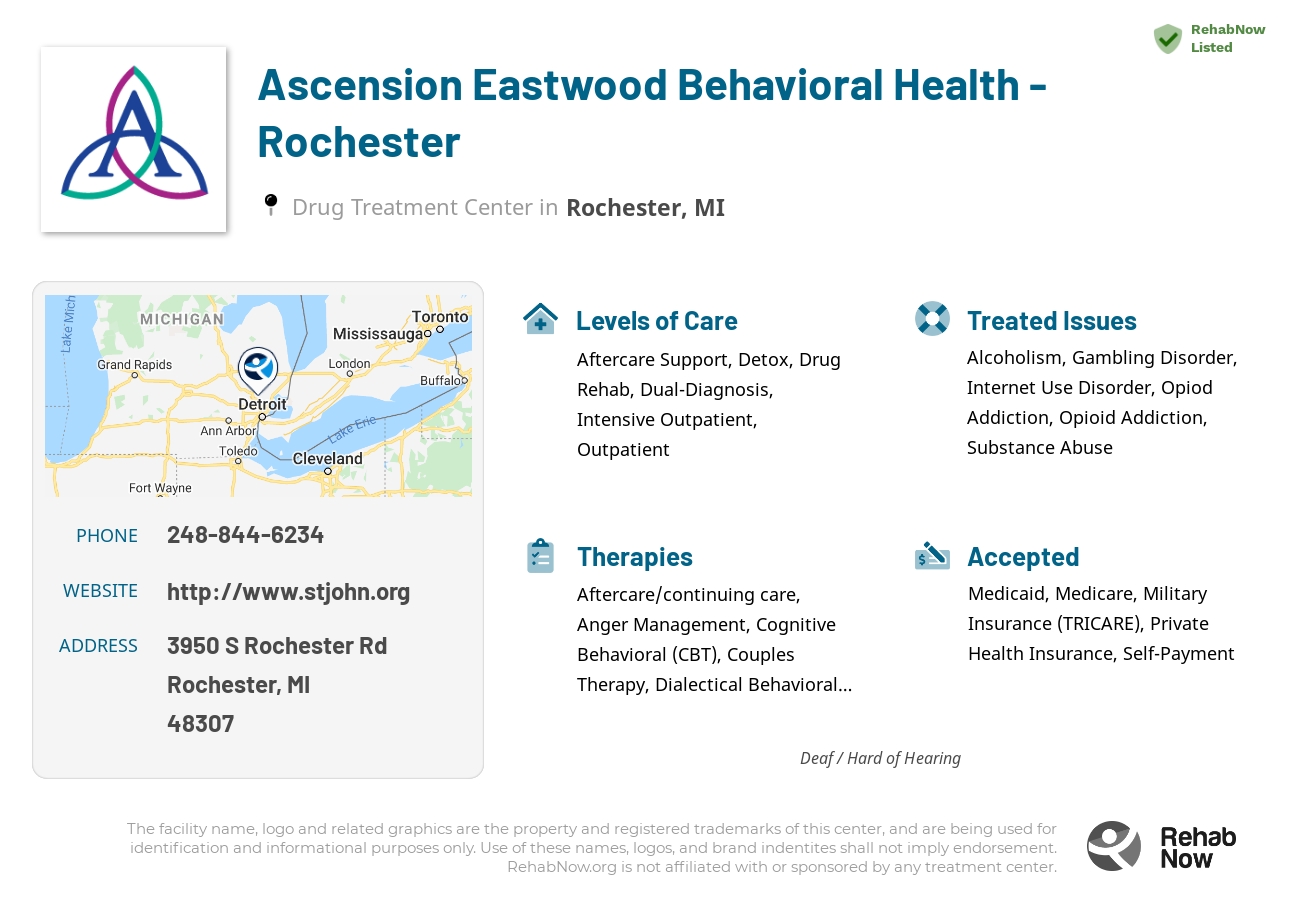 Helpful reference information for Ascension Eastwood Behavioral Health - Rochester, a drug treatment center in Michigan located at: 3950 S Rochester Rd, Rochester, MI 48307, including phone numbers, official website, and more. Listed briefly is an overview of Levels of Care, Therapies Offered, Issues Treated, and accepted forms of Payment Methods.