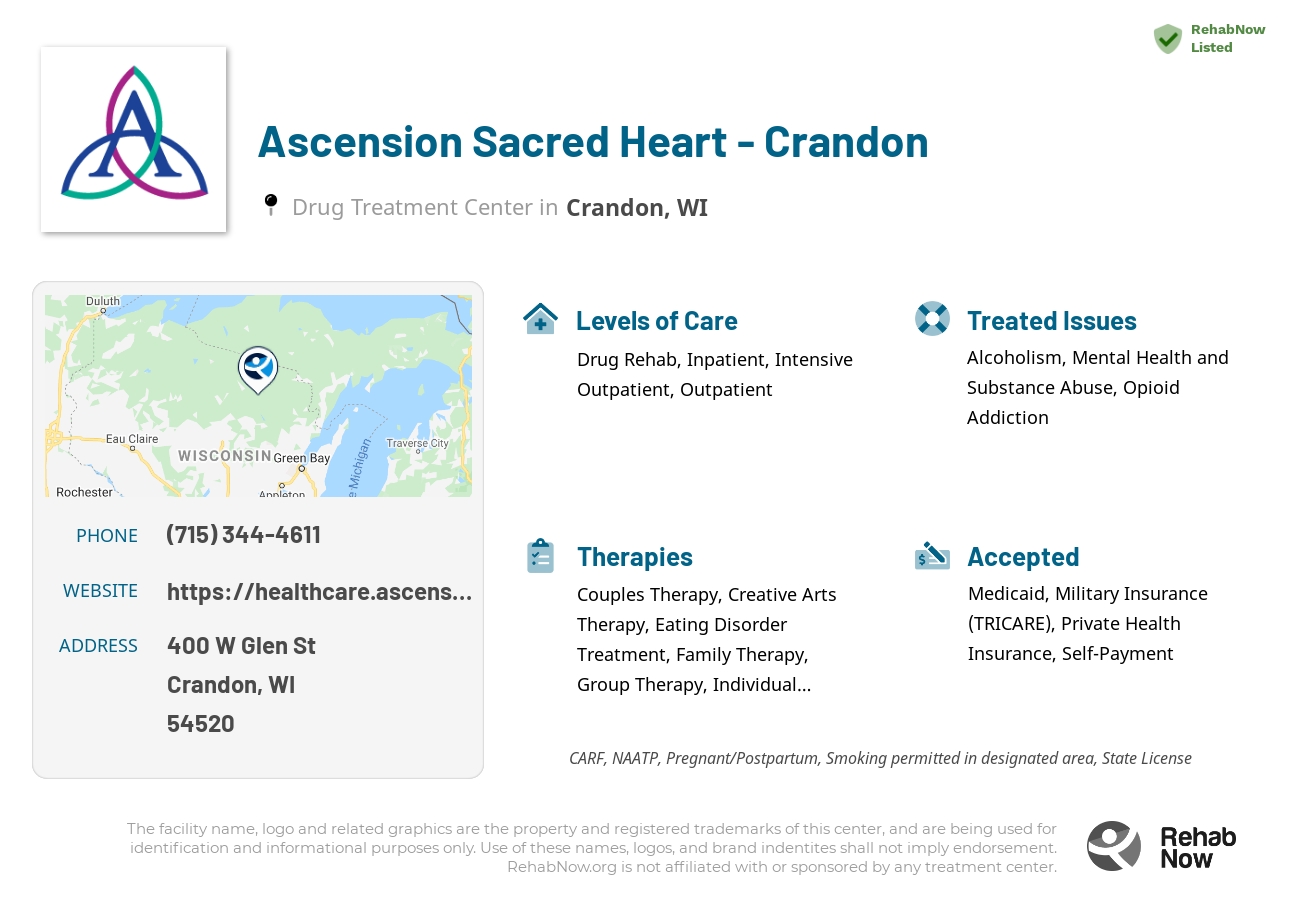 Helpful reference information for Ascension Sacred Heart - Crandon, a drug treatment center in Wisconsin located at: 400 W Glen St, Crandon, WI 54520, including phone numbers, official website, and more. Listed briefly is an overview of Levels of Care, Therapies Offered, Issues Treated, and accepted forms of Payment Methods.