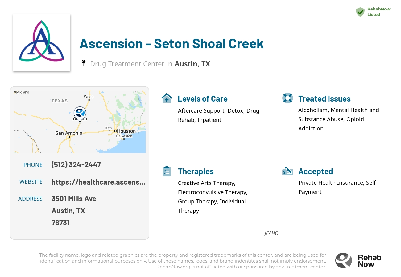Helpful reference information for Ascension - Seton Shoal Creek, a drug treatment center in Texas located at: 3501 Mills Ave, Austin, TX 78731, including phone numbers, official website, and more. Listed briefly is an overview of Levels of Care, Therapies Offered, Issues Treated, and accepted forms of Payment Methods.