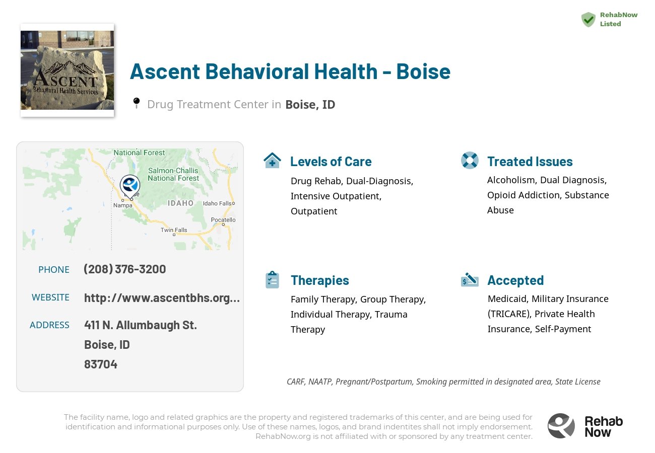 Helpful reference information for Ascent Behavioral Health - Boise, a drug treatment center in Idaho located at: 411 N. Allumbaugh St., Boise, ID, 83704, including phone numbers, official website, and more. Listed briefly is an overview of Levels of Care, Therapies Offered, Issues Treated, and accepted forms of Payment Methods.