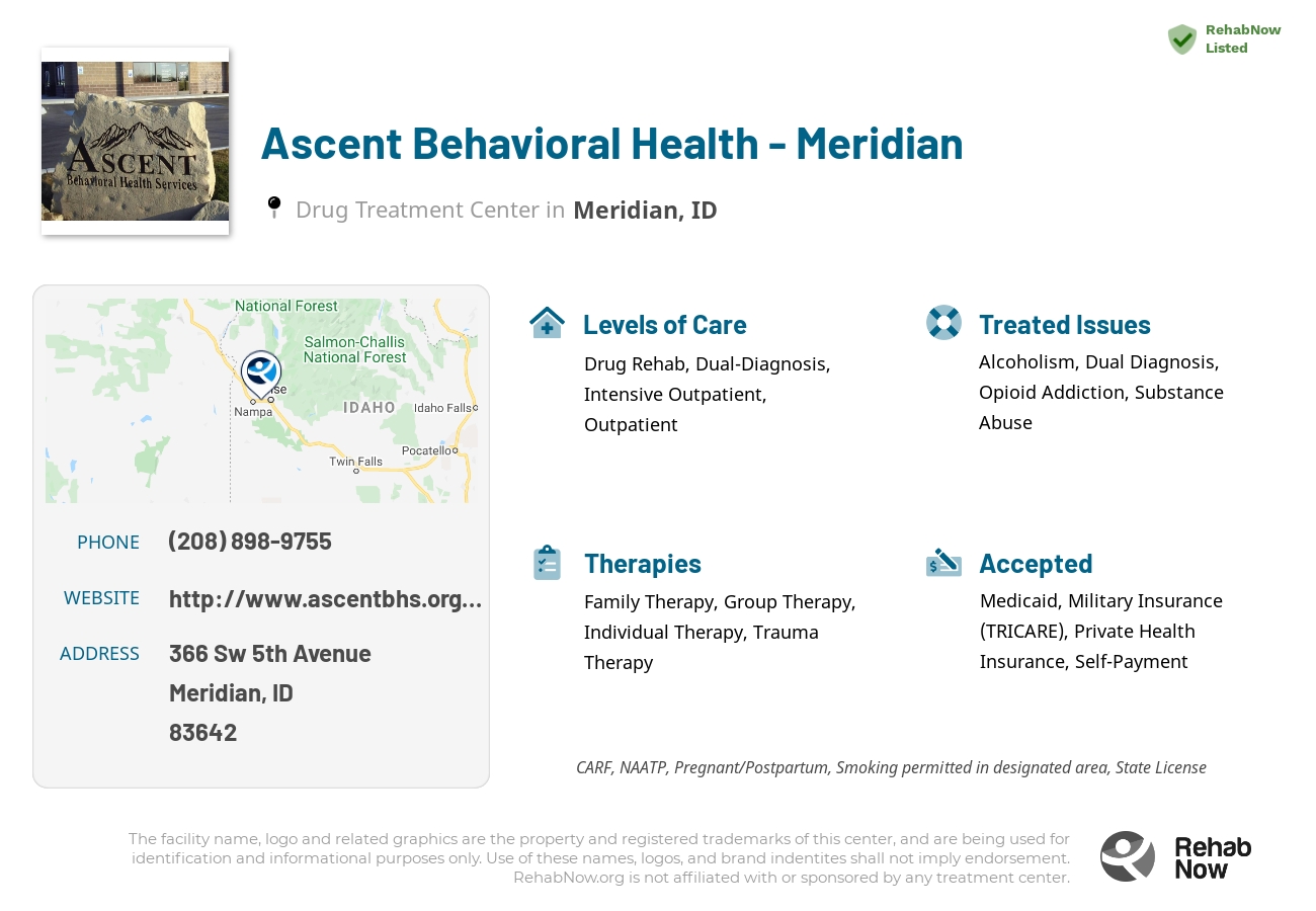 Helpful reference information for Ascent Behavioral Health - Meridian, a drug treatment center in Idaho located at: 366 Sw 5th Avenue, Meridian, ID, 83642, including phone numbers, official website, and more. Listed briefly is an overview of Levels of Care, Therapies Offered, Issues Treated, and accepted forms of Payment Methods.