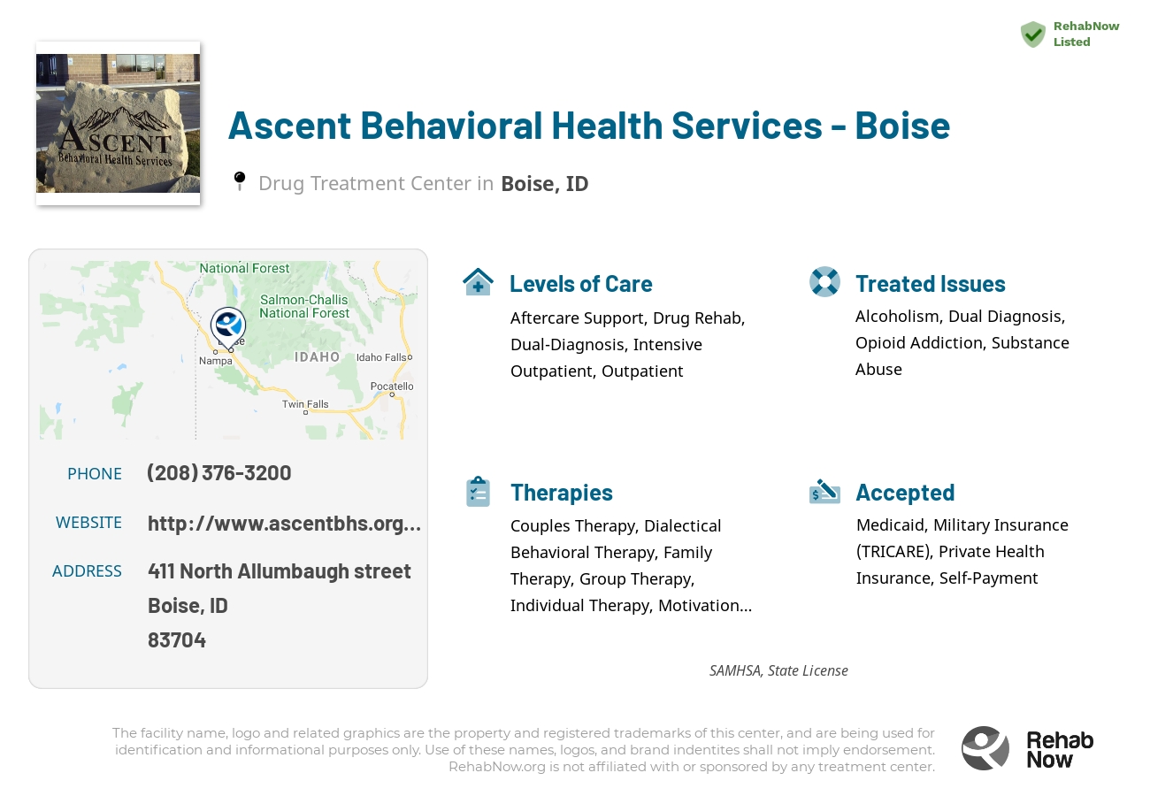 Helpful reference information for Ascent Behavioral Health Services - Boise, a drug treatment center in Idaho located at: 411 North Allumbaugh Street, Boise, ID 83704, including phone numbers, official website, and more. Listed briefly is an overview of Levels of Care, Therapies Offered, Issues Treated, and accepted forms of Payment Methods.