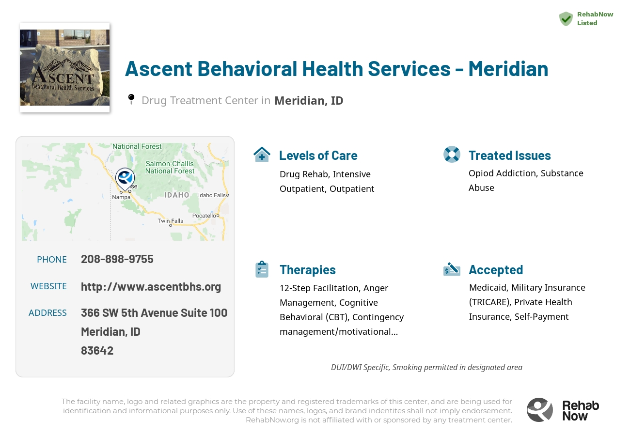 Helpful reference information for Ascent Behavioral Health Services - Meridian, a drug treatment center in Idaho located at: 366 SW 5th Avenue Suite 100, Meridian, ID 83642, including phone numbers, official website, and more. Listed briefly is an overview of Levels of Care, Therapies Offered, Issues Treated, and accepted forms of Payment Methods.