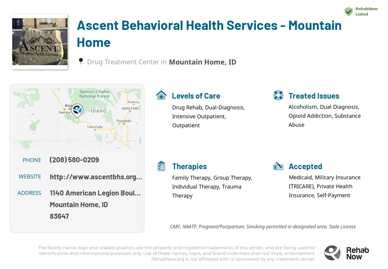 Helpful reference information for Ascent Behavioral Health Services - Mountain Home, a drug treatment center in Idaho located at: 1140 American Legion Boulevard, Mountain Home, ID, 83647, including phone numbers, official website, and more. Listed briefly is an overview of Levels of Care, Therapies Offered, Issues Treated, and accepted forms of Payment Methods.