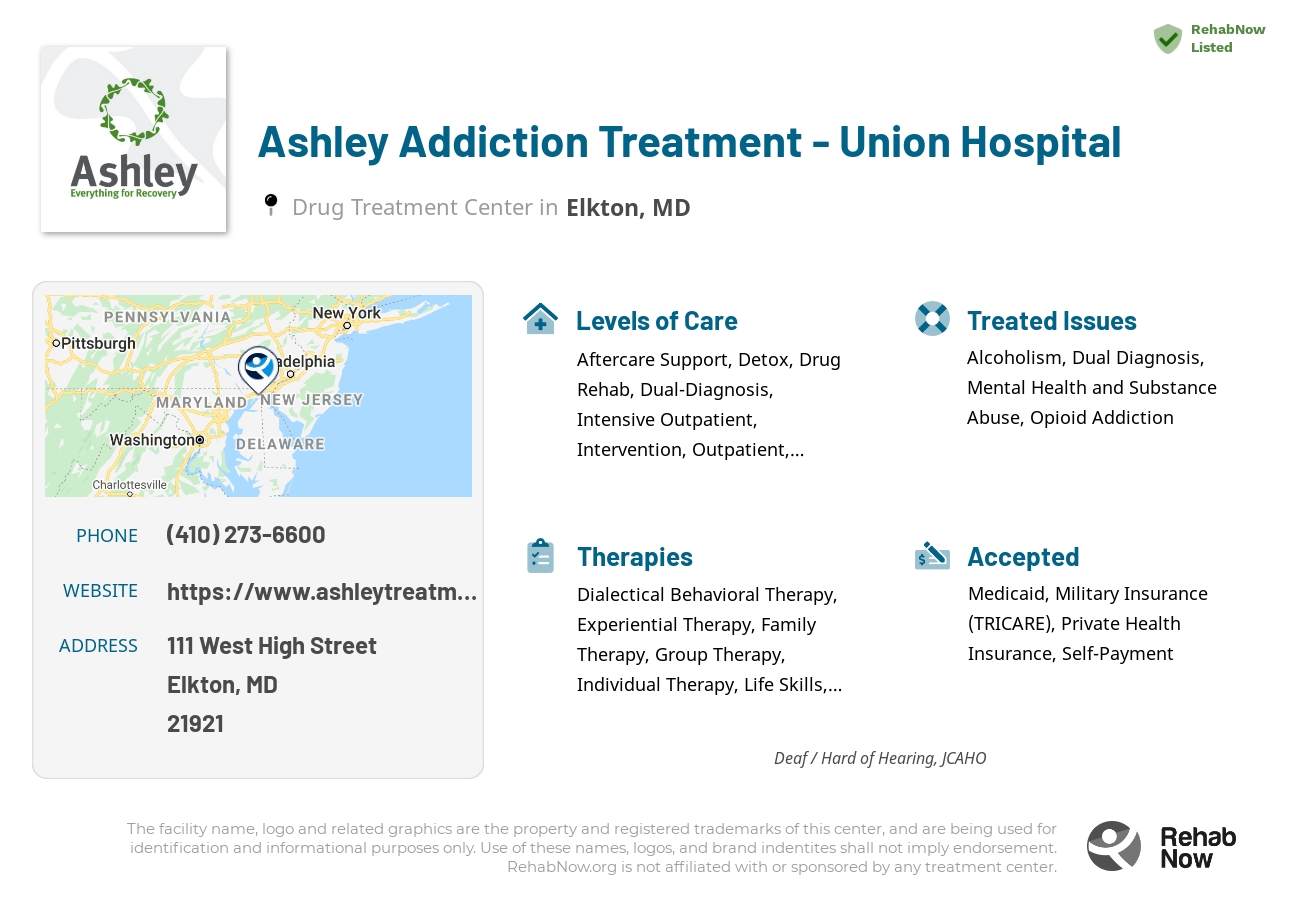 Helpful reference information for Ashley Addiction Treatment - Union Hospital, a drug treatment center in Maryland located at: 111 West High Street, Elkton, MD, 21921, including phone numbers, official website, and more. Listed briefly is an overview of Levels of Care, Therapies Offered, Issues Treated, and accepted forms of Payment Methods.
