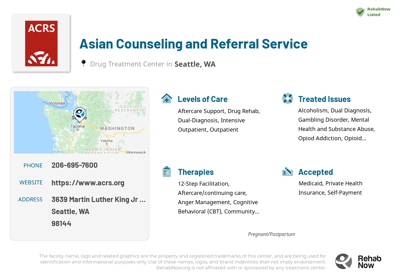 Helpful reference information for Asian Counseling and Referral Service, a drug treatment center in Washington located at: 3639 Martin Luther King Jr Way S, Seattle, WA 98144, including phone numbers, official website, and more. Listed briefly is an overview of Levels of Care, Therapies Offered, Issues Treated, and accepted forms of Payment Methods.