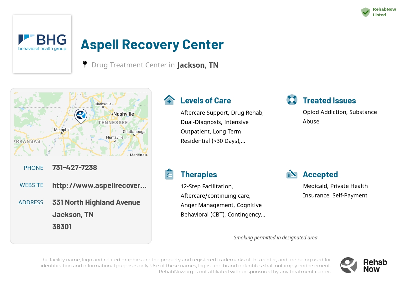 Helpful reference information for Aspell Recovery Center, a drug treatment center in Tennessee located at: 331 North Highland Avenue, Jackson, TN 38301, including phone numbers, official website, and more. Listed briefly is an overview of Levels of Care, Therapies Offered, Issues Treated, and accepted forms of Payment Methods.