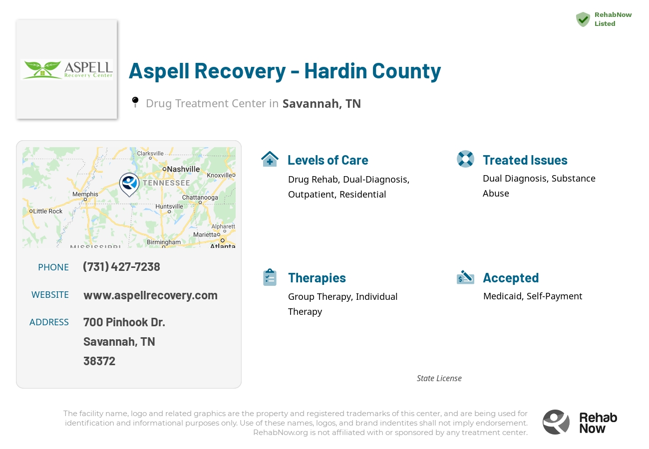 Helpful reference information for Aspell Recovery - Hardin County, a drug treatment center in Tennessee located at: 700 Pinhook Dr., Savannah, TN, 38372, including phone numbers, official website, and more. Listed briefly is an overview of Levels of Care, Therapies Offered, Issues Treated, and accepted forms of Payment Methods.