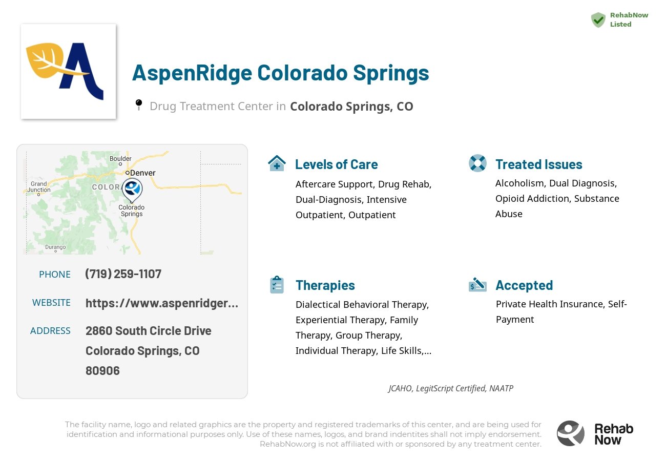 Helpful reference information for AspenRidge Colorado Springs, a drug treatment center in Colorado located at: 2860 South Circle Drive, Suite G30A, Colorado Springs, CO, 80906, including phone numbers, official website, and more. Listed briefly is an overview of Levels of Care, Therapies Offered, Issues Treated, and accepted forms of Payment Methods.