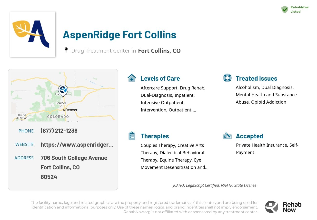 Helpful reference information for AspenRidge Fort Collins, a drug treatment center in Colorado located at: 706 South College Avenue, Fort Collins, CO, 80524, including phone numbers, official website, and more. Listed briefly is an overview of Levels of Care, Therapies Offered, Issues Treated, and accepted forms of Payment Methods.