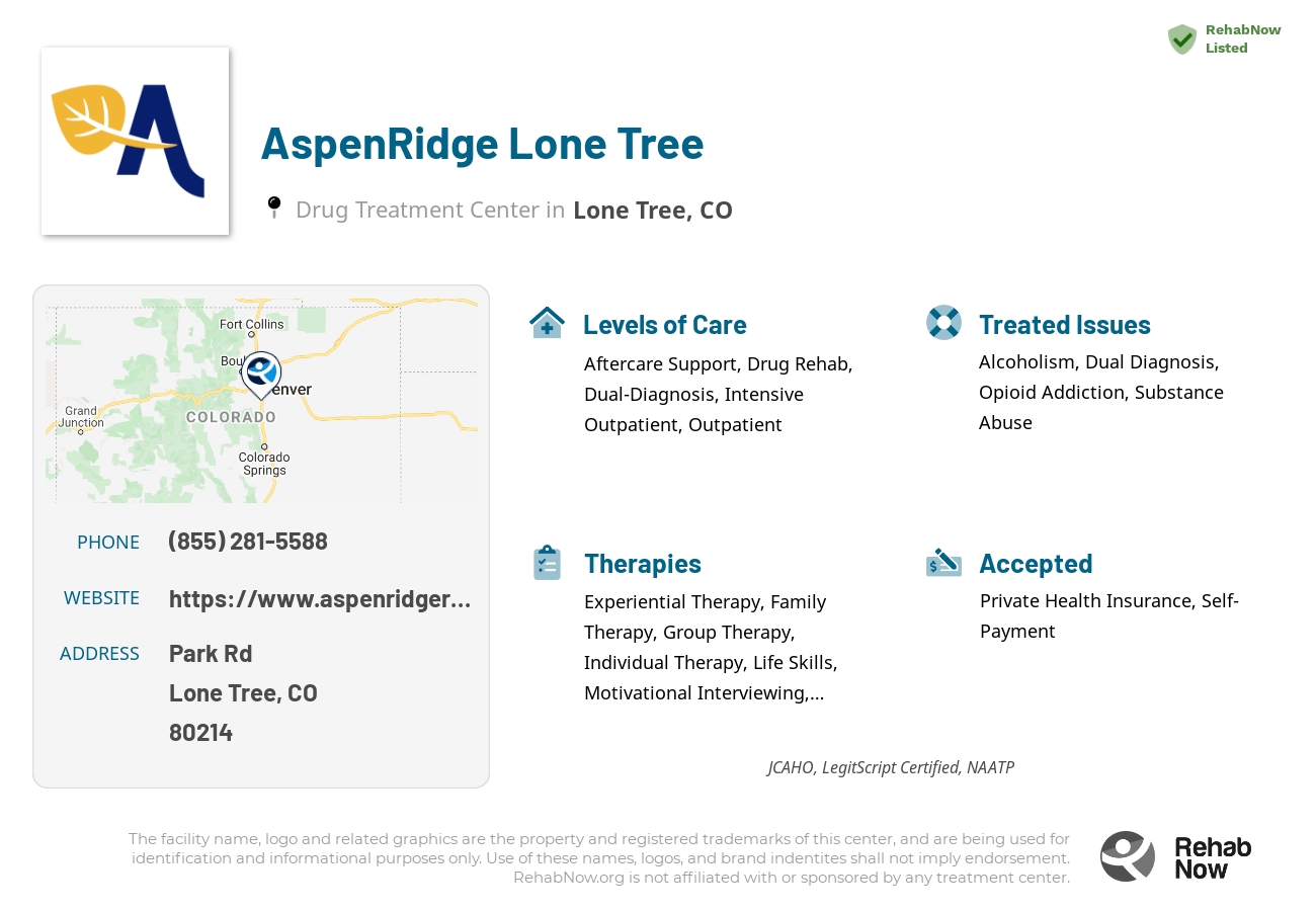 Helpful reference information for AspenRidge Lone Tree, a drug treatment center in Colorado located at: 9233 Park Meadows Drive Suite 206, Lone Tree, CO, 80214, including phone numbers, official website, and more. Listed briefly is an overview of Levels of Care, Therapies Offered, Issues Treated, and accepted forms of Payment Methods.