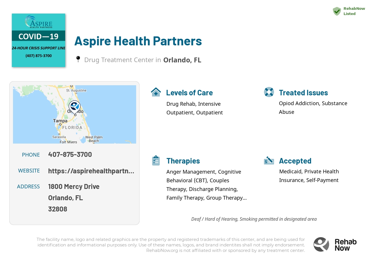 Helpful reference information for Aspire Health Partners, a drug treatment center in Florida located at: 1800 Mercy Drive, Orlando, FL 32808, including phone numbers, official website, and more. Listed briefly is an overview of Levels of Care, Therapies Offered, Issues Treated, and accepted forms of Payment Methods.