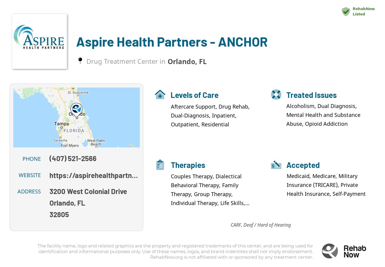 Helpful reference information for Aspire Health Partners - ANCHOR, a drug treatment center in Florida located at: 3200 West Colonial Drive, Orlando, FL, 32805, including phone numbers, official website, and more. Listed briefly is an overview of Levels of Care, Therapies Offered, Issues Treated, and accepted forms of Payment Methods.