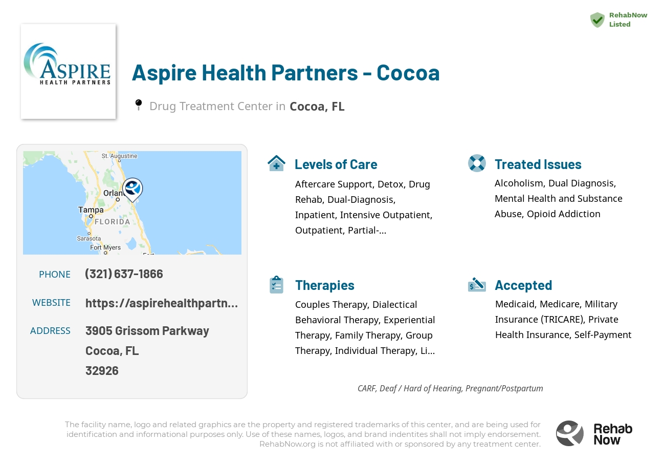 Helpful reference information for Aspire Health Partners - Cocoa, a drug treatment center in Florida located at: 3905 Grissom Parkway, Cocoa, FL, 32926, including phone numbers, official website, and more. Listed briefly is an overview of Levels of Care, Therapies Offered, Issues Treated, and accepted forms of Payment Methods.