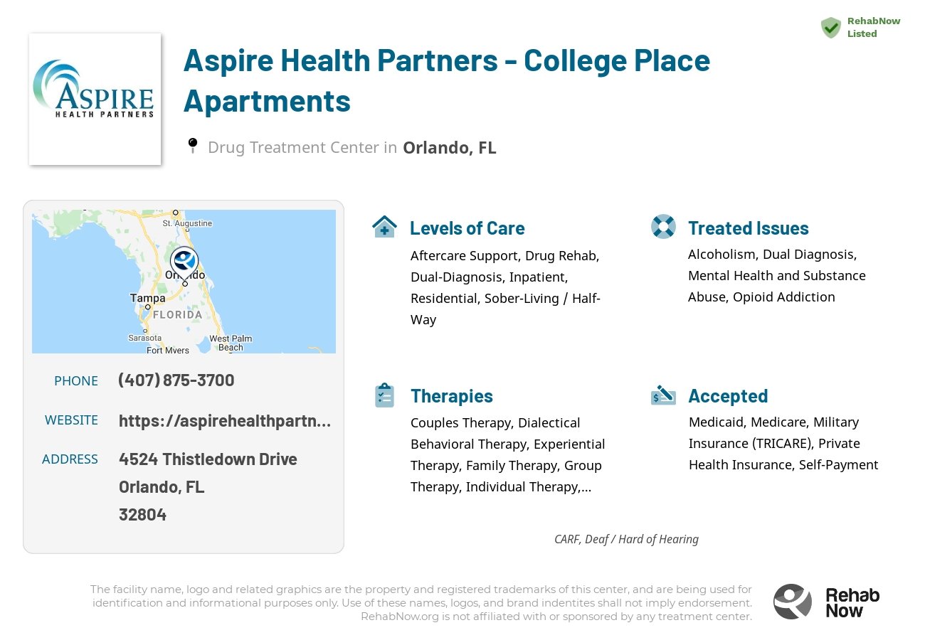 Helpful reference information for Aspire Health Partners - College Place Apartments, a drug treatment center in Florida located at: 4524 Thistledown Drive, Orlando, FL, 32804, including phone numbers, official website, and more. Listed briefly is an overview of Levels of Care, Therapies Offered, Issues Treated, and accepted forms of Payment Methods.