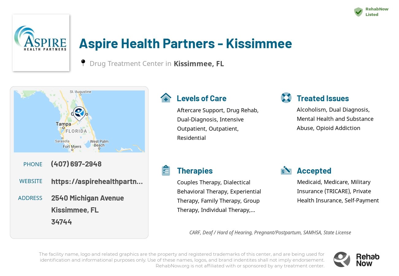 Helpful reference information for Aspire Health Partners - Kissimmee, a drug treatment center in Florida located at: 2540 Michigan Avenue, Kissimmee, FL, 34744, including phone numbers, official website, and more. Listed briefly is an overview of Levels of Care, Therapies Offered, Issues Treated, and accepted forms of Payment Methods.
