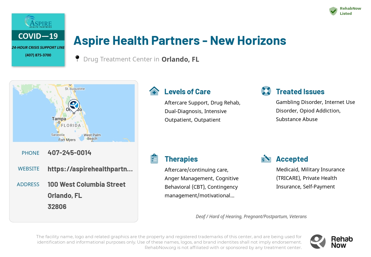 Helpful reference information for Aspire Health Partners - New Horizons, a drug treatment center in Florida located at: 100 West Columbia Street, Orlando, FL 32806, including phone numbers, official website, and more. Listed briefly is an overview of Levels of Care, Therapies Offered, Issues Treated, and accepted forms of Payment Methods.