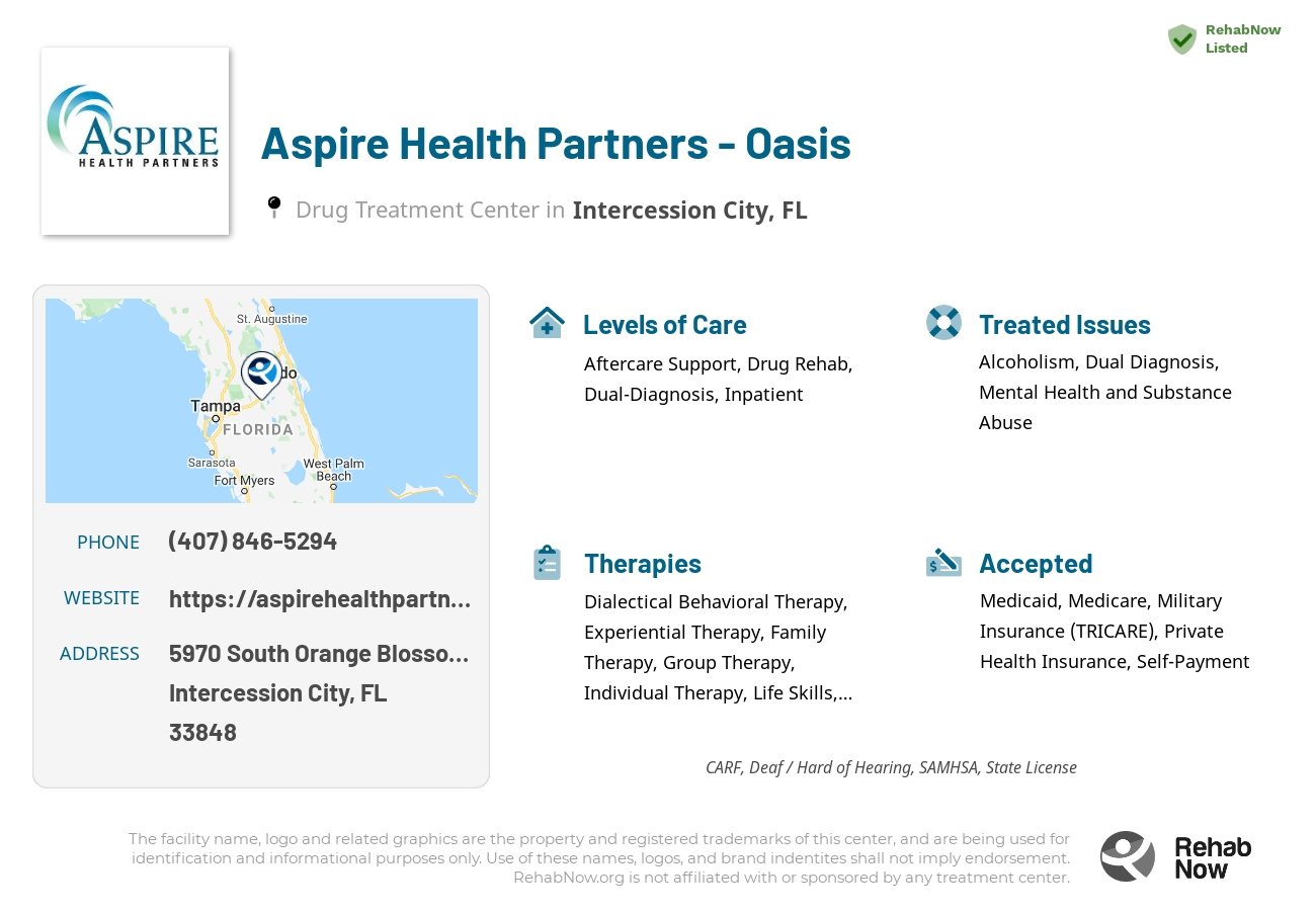 Helpful reference information for Aspire Health Partners - Oasis, a drug treatment center in Florida located at: 5970 South Orange Blossom Trail, Intercession City, FL 33848, including phone numbers, official website, and more. Listed briefly is an overview of Levels of Care, Therapies Offered, Issues Treated, and accepted forms of Payment Methods.