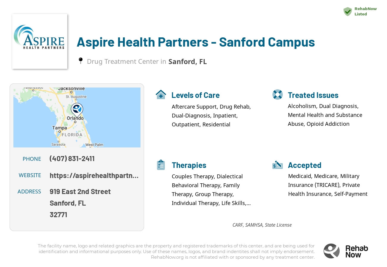 Helpful reference information for Aspire Health Partners - Sanford Campus, a drug treatment center in Florida located at: 919 East 2nd Street, Sanford, FL, 32771, including phone numbers, official website, and more. Listed briefly is an overview of Levels of Care, Therapies Offered, Issues Treated, and accepted forms of Payment Methods.