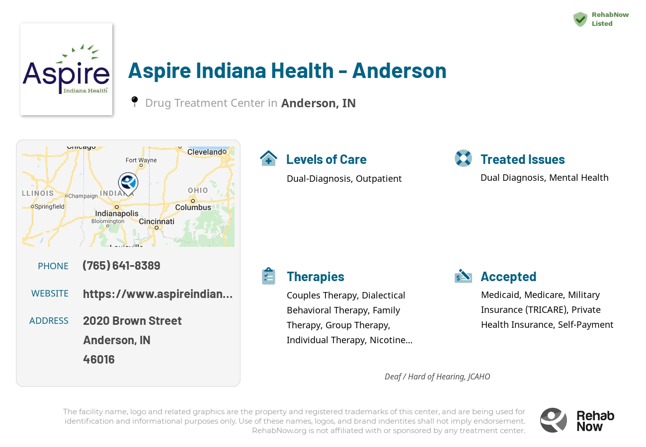 Helpful reference information for Aspire Indiana Health - Anderson, a drug treatment center in Indiana located at: 2020 Brown Street, Anderson, IN, 46016, including phone numbers, official website, and more. Listed briefly is an overview of Levels of Care, Therapies Offered, Issues Treated, and accepted forms of Payment Methods.