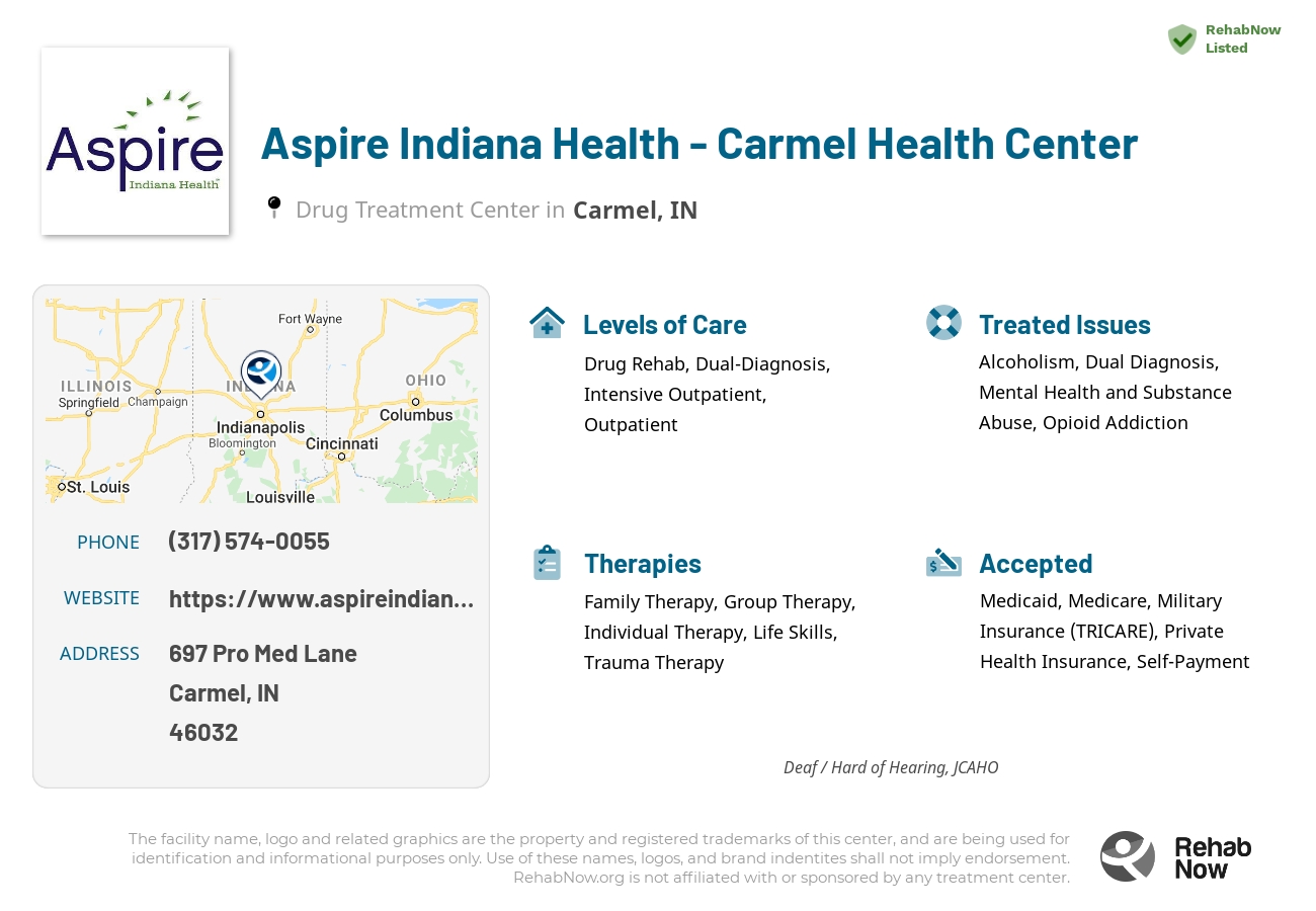 Helpful reference information for Aspire Indiana Health - Carmel Health Center, a drug treatment center in Indiana located at: 697 Pro Med Lane, Carmel, IN, 46032, including phone numbers, official website, and more. Listed briefly is an overview of Levels of Care, Therapies Offered, Issues Treated, and accepted forms of Payment Methods.