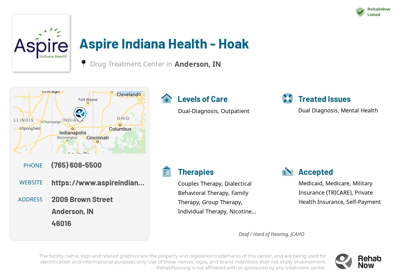 Helpful reference information for Aspire Indiana Health - Hoak, a drug treatment center in Indiana located at: 2009 Brown Street, Anderson, IN, 46016, including phone numbers, official website, and more. Listed briefly is an overview of Levels of Care, Therapies Offered, Issues Treated, and accepted forms of Payment Methods.