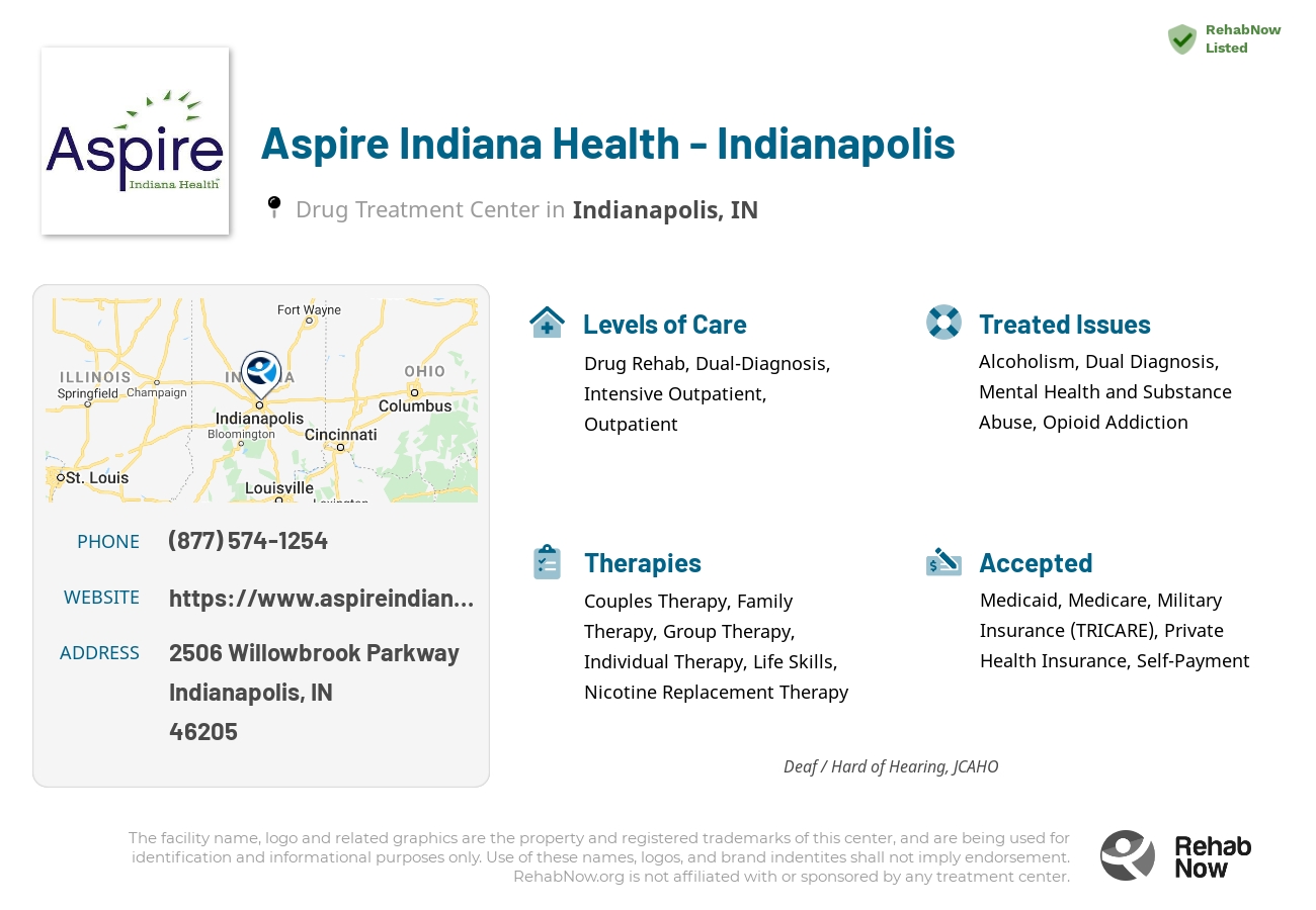 Helpful reference information for Aspire Indiana Health - Indianapolis, a drug treatment center in Indiana located at: 2506 Willowbrook Parkway, Indianapolis, IN, 46205, including phone numbers, official website, and more. Listed briefly is an overview of Levels of Care, Therapies Offered, Issues Treated, and accepted forms of Payment Methods.