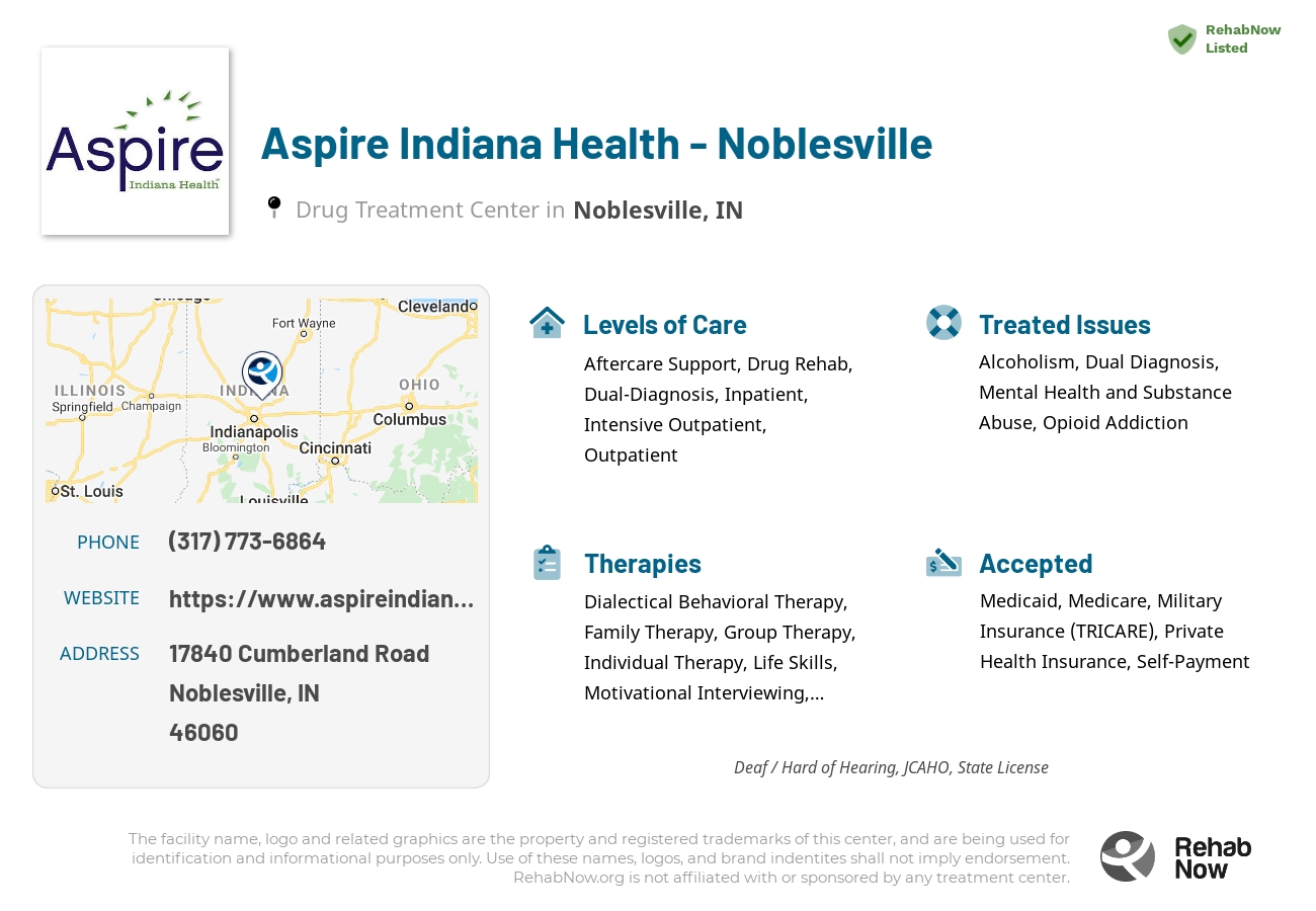 Helpful reference information for Aspire Indiana Health - Noblesville, a drug treatment center in Indiana located at: 17840 Cumberland Road, Noblesville, IN, 46060, including phone numbers, official website, and more. Listed briefly is an overview of Levels of Care, Therapies Offered, Issues Treated, and accepted forms of Payment Methods.