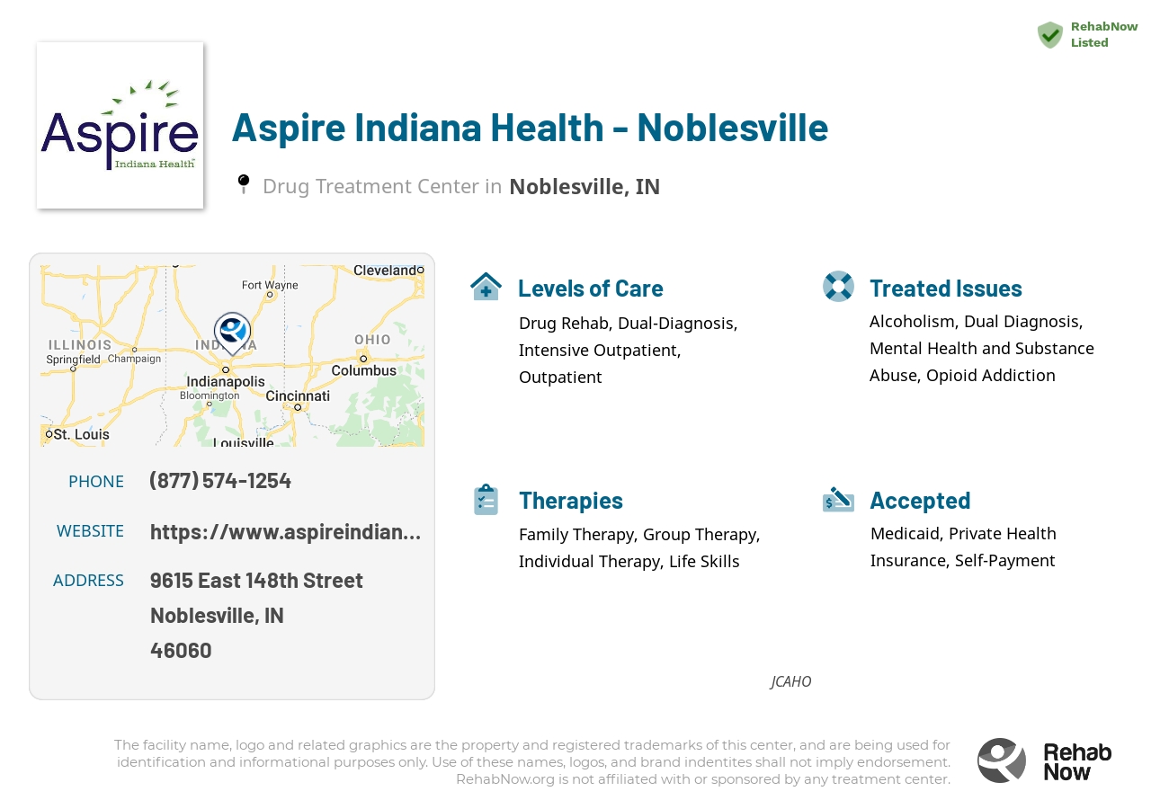 Helpful reference information for Aspire Indiana Health - Noblesville, a drug treatment center in Indiana located at: 9615 East 148th Street, Noblesville, IN, 46060, including phone numbers, official website, and more. Listed briefly is an overview of Levels of Care, Therapies Offered, Issues Treated, and accepted forms of Payment Methods.