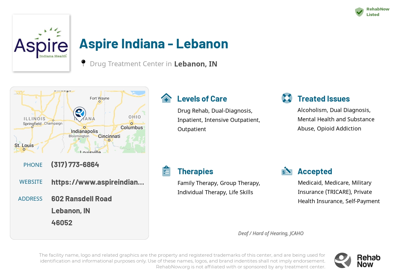 Helpful reference information for Aspire Indiana - Lebanon, a drug treatment center in Indiana located at: 602 Ransdell Road, Lebanon, IN, 46052, including phone numbers, official website, and more. Listed briefly is an overview of Levels of Care, Therapies Offered, Issues Treated, and accepted forms of Payment Methods.