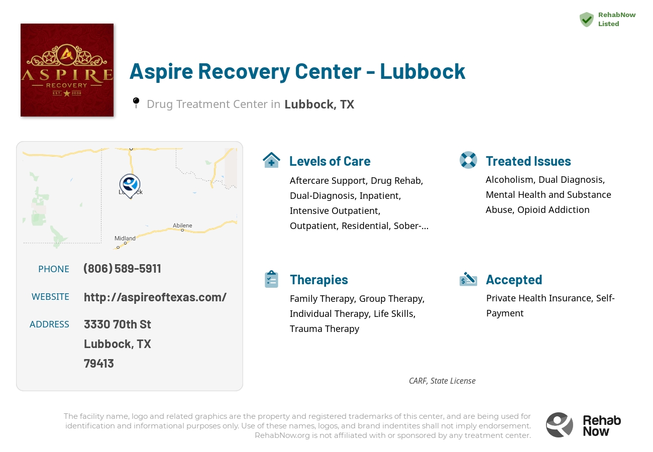 Helpful reference information for Aspire Recovery Center - Lubbock, a drug treatment center in Texas located at: 3330 70th St, Lubbock, TX 79413, including phone numbers, official website, and more. Listed briefly is an overview of Levels of Care, Therapies Offered, Issues Treated, and accepted forms of Payment Methods.