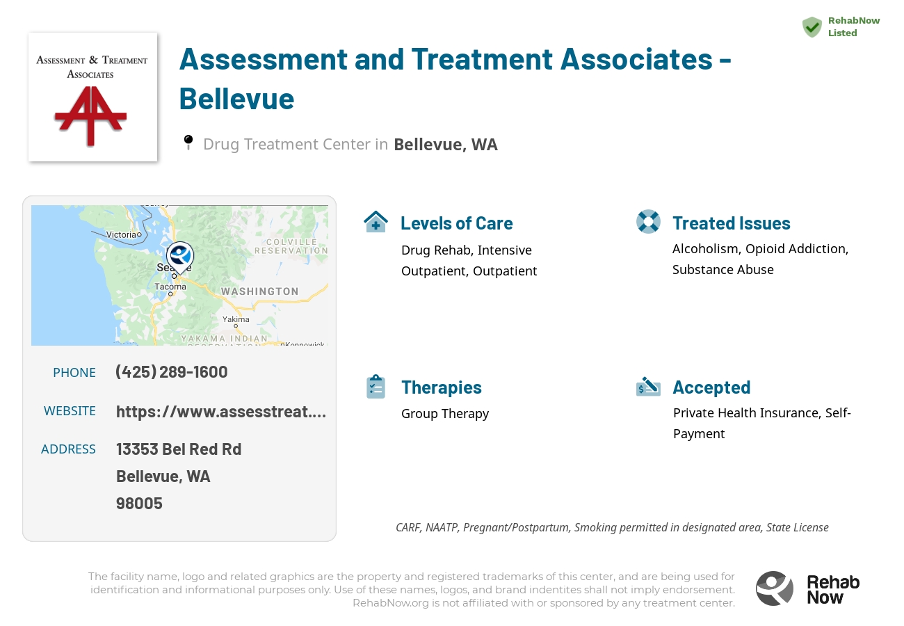 Helpful reference information for Assessment and Treatment Associates - Bellevue, a drug treatment center in Washington located at: 13353 Bel Red Rd, Bellevue, WA 98005, including phone numbers, official website, and more. Listed briefly is an overview of Levels of Care, Therapies Offered, Issues Treated, and accepted forms of Payment Methods.