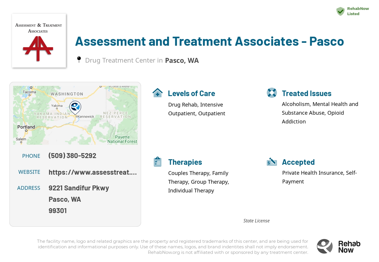 Helpful reference information for Assessment and Treatment Associates - Pasco, a drug treatment center in Washington located at: 9221 Sandifur Pkwy, Pasco, WA 99301, including phone numbers, official website, and more. Listed briefly is an overview of Levels of Care, Therapies Offered, Issues Treated, and accepted forms of Payment Methods.