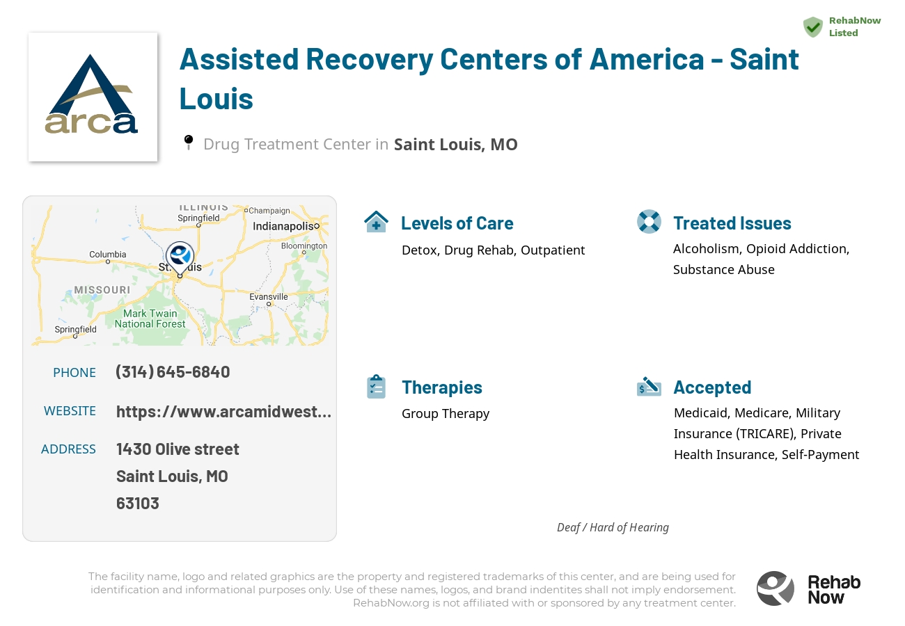 Helpful reference information for Assisted Recovery Centers of America - Saint Louis, a drug treatment center in Missouri located at: 1430 1430 Olive street, Saint Louis, MO 63103, including phone numbers, official website, and more. Listed briefly is an overview of Levels of Care, Therapies Offered, Issues Treated, and accepted forms of Payment Methods.