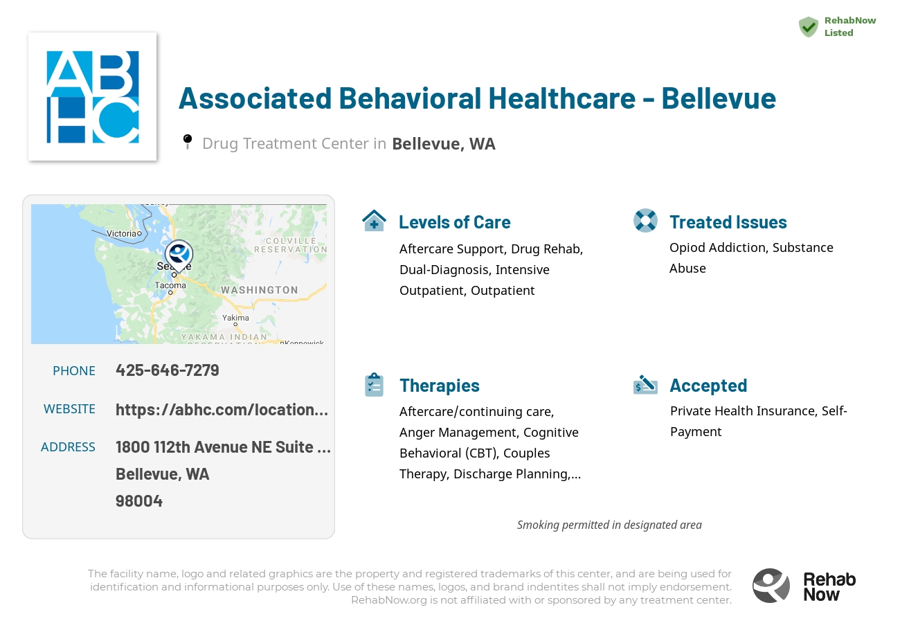 Helpful reference information for Associated Behavioral Healthcare  - Bellevue, a drug treatment center in Washington located at: 1800 112th Avenue NE Suite 150-W, Bellevue, WA 98004, including phone numbers, official website, and more. Listed briefly is an overview of Levels of Care, Therapies Offered, Issues Treated, and accepted forms of Payment Methods.